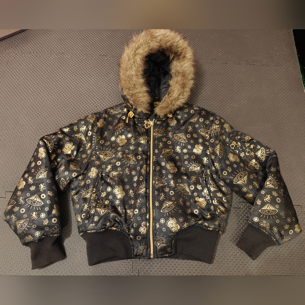 Lady Raw Blue Y2K  Black and Gold Bomber Jacket - Picture 2 of 6